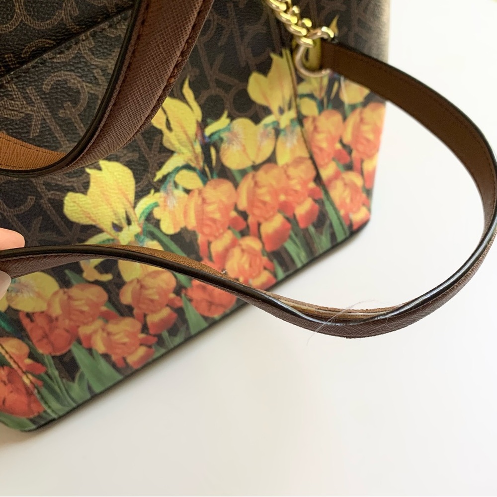 Calvin Klein Monogram Brown Floral Leather Chain Tote Bag - Picture 8 of 12